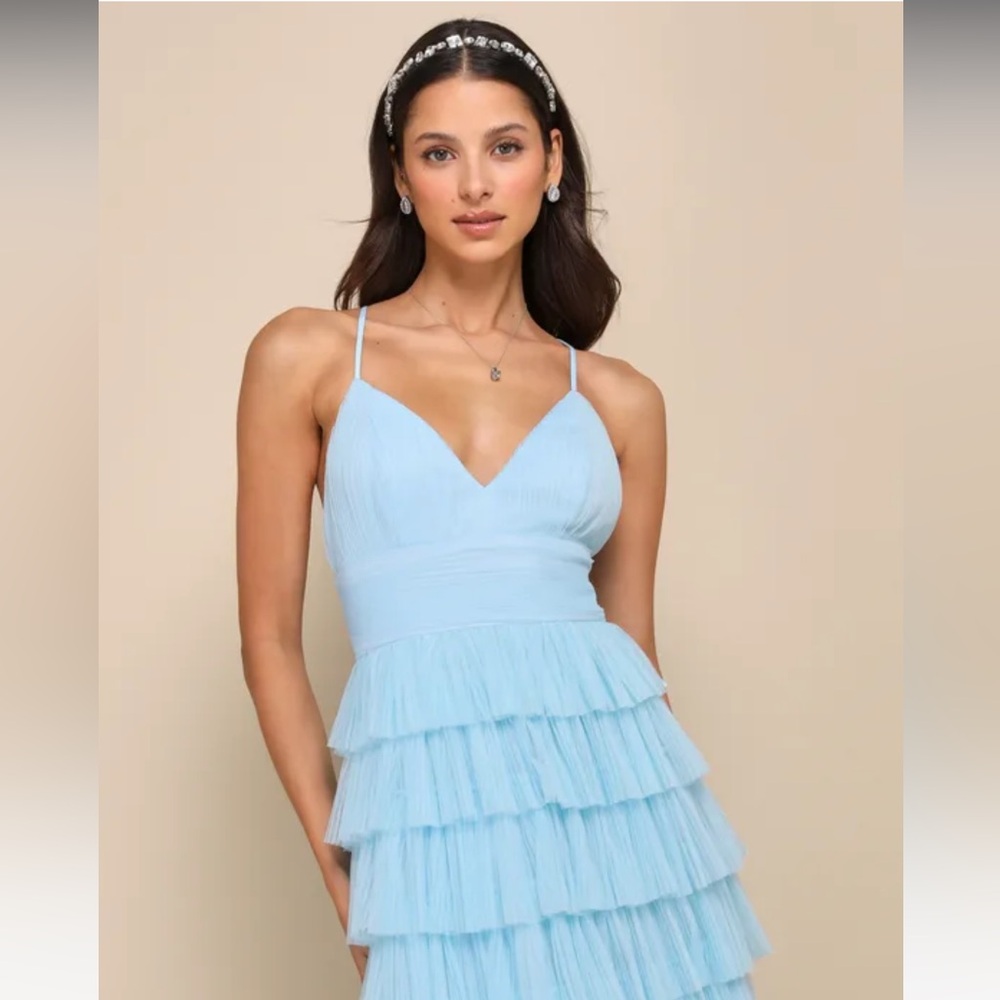 Lulus Radiant Event Light Blue Mesh Tiered Pleated Backless Maxi Dress - Picture 4 of 12